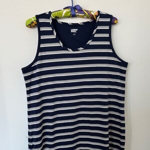Lands' End Stripe Tank Maxi Dress, Navy/White, cotton, built in bra, size 14-16